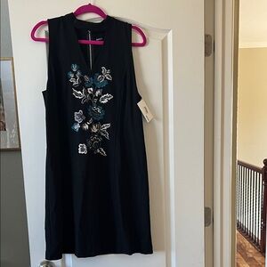 Kensie Black Mini Dress with Teal & White Floral Embroidery